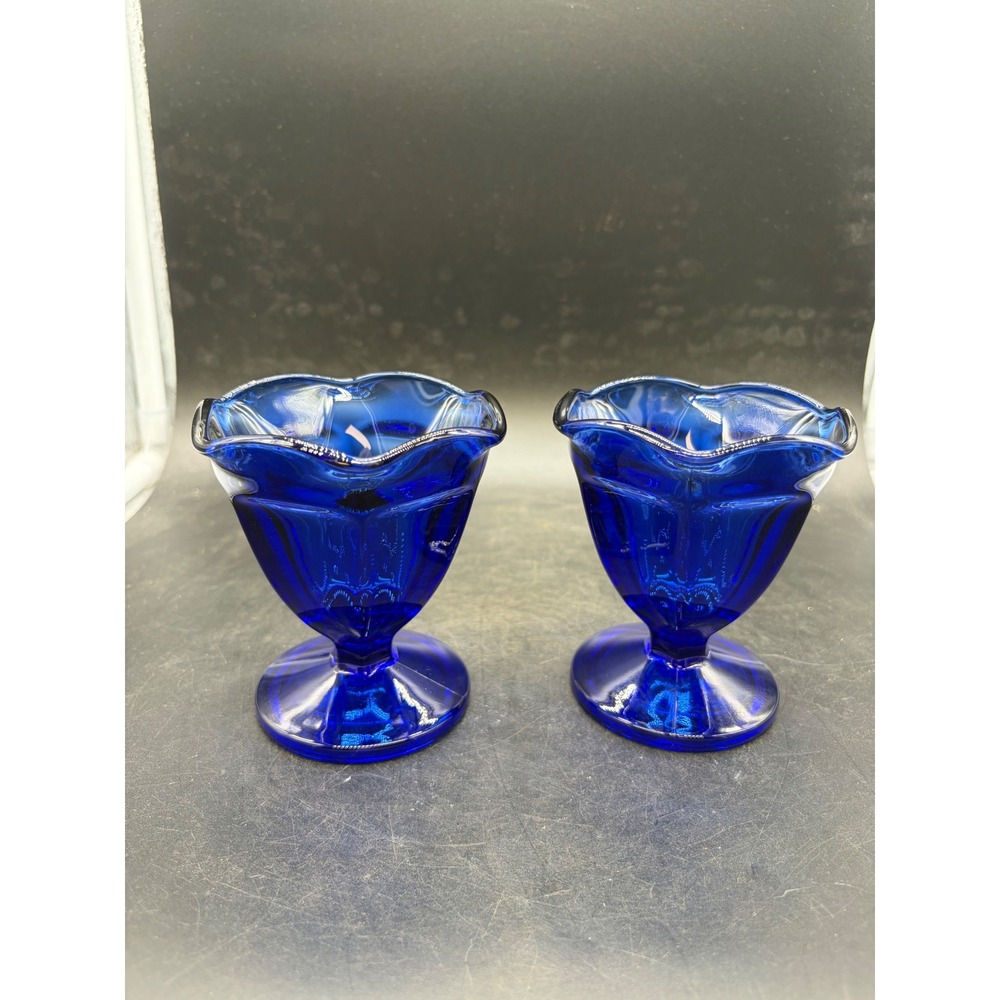 Vintage Cobalt Blue Glass Sherbet Dessert Cups Ruffled Rim Paneled Set of 2